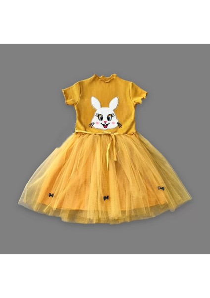 5-6-7 Yaş Payetli Tavşan Baskılı Kız Çocuk Elbisesi Hardal