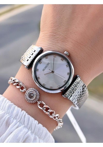 Çelik Kordon 2 Yıl Garantili 30 mt Suya Dayanıklı Kadın Kol Saati+Bileklik HM.B24513S.1