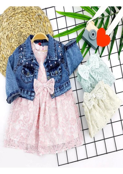 2-3-4-5 Yaş Kot Ceketli Astarlı Güpürlü 2li Kız Çocuk Elbisesi Yeşil