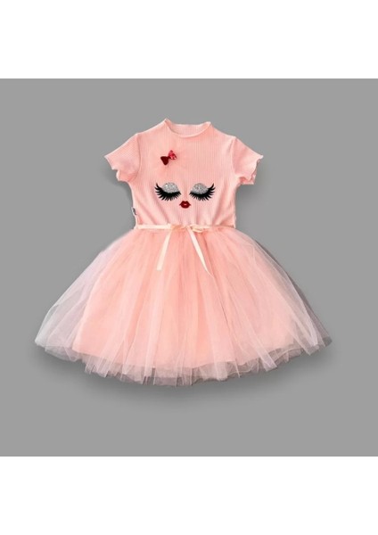 5-6-7 Yaş Payetli Süslü Yüz Baskılı Kız Çocuk Elbisesi Pudra