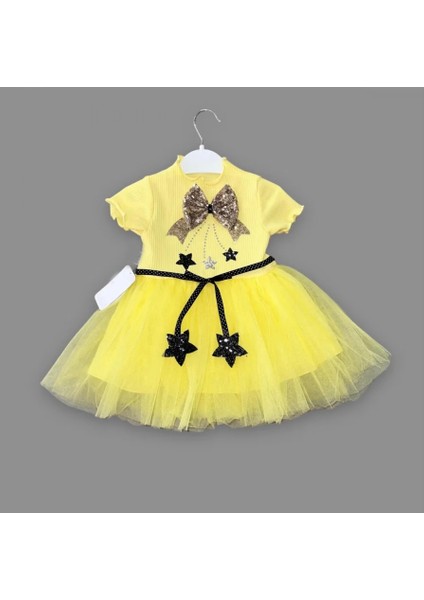 1-2-3 Yaş Payetli Yıldız Nakışlı Astarlı Etek Kız Bebek Tütü Elbisesi Sarı