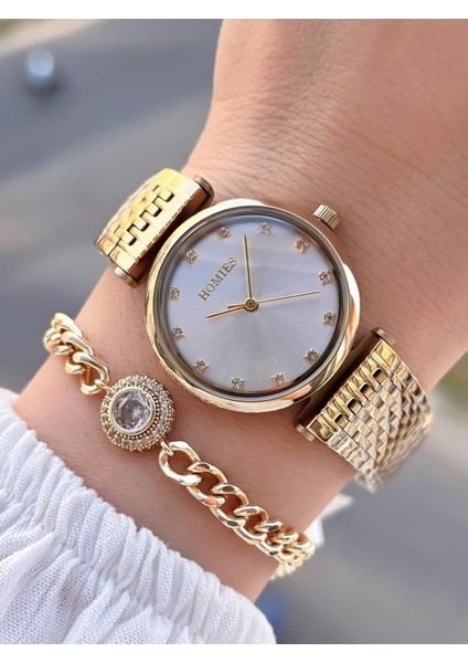 Çelik Kordon 2 Yıl Garantili 30 mt Suya Dayanıklı Kadın Kol Saati+Bileklik HM.B24513S.3