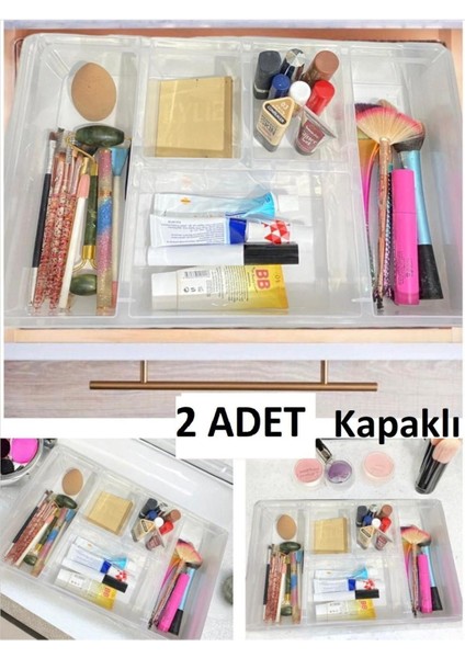Beyaz 2'li 5 Bölmeli Çekmece İçi Düzenleyici, Kapaklı, Takı ve Makyaj Organizer