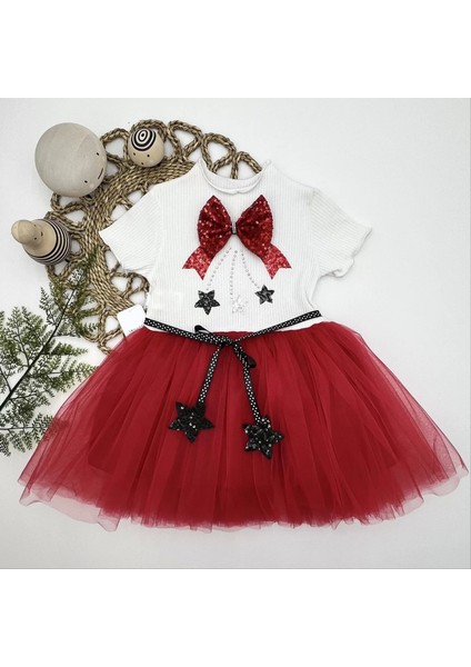 1-2-3 Yaş Payetli Yıldız Nakışlı Astarlı Etek Kız Bebek Tütü Elbisesi Ekru