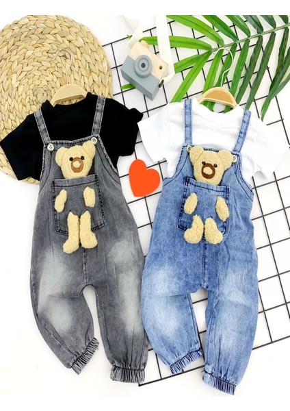 9-12-18-24 Ay Ayıcıklı Cep Kot Kumaş Tişörtlü 2li Kız Erkek Bebek Salopet Takımı Mavi