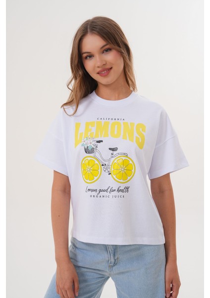 Kadın Beyaz Oversize California Lemons Baskılı Tişört