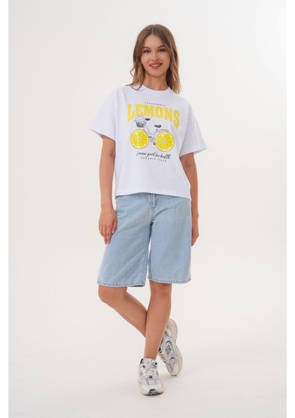 Kadın Beyaz Oversize California Lemons Baskılı Tişört