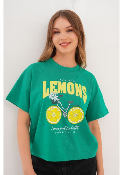 Kadın Yeşil Oversize California Lemons Baskılı Tişört
