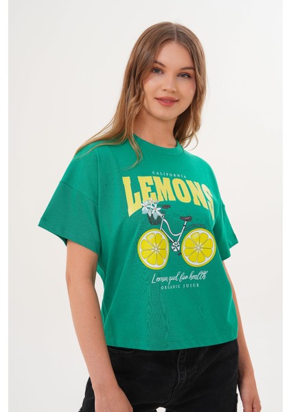 Kadın Yeşil Oversize California Lemons Baskılı Tişört modelleri