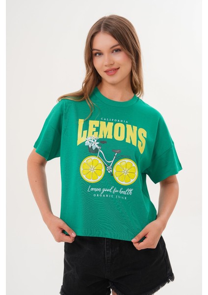Kadın Yeşil Oversize California Lemons Baskılı Tişört fırsatları