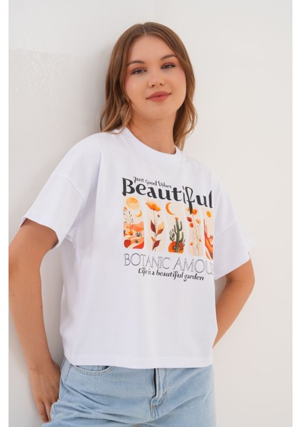 Kadın Beyaz Oversize Tişört – Botanik Baskılı,beautiful / Botanic Amour Yazılı fırsatları