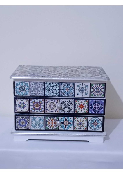 Beyaz Ahşap Çekmeceli Dekoratif Takı ve Aksesuar Kutusu 32,5X21,5X22,5 cm