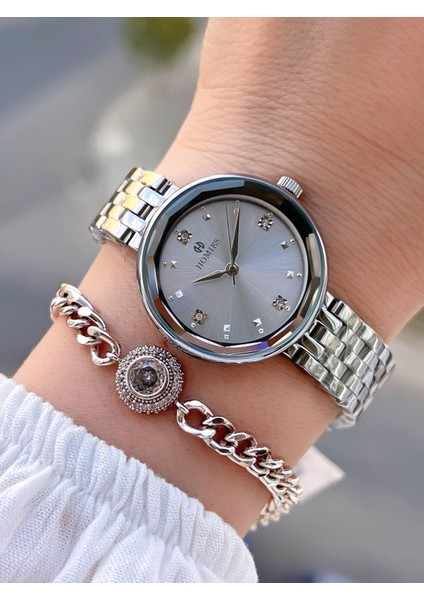 Çelik Kordon 2 Yıl Garantili 30 mt Suya Dayanıklı Kadın Kol Saati+Bileklik HM.B255005S.1.1