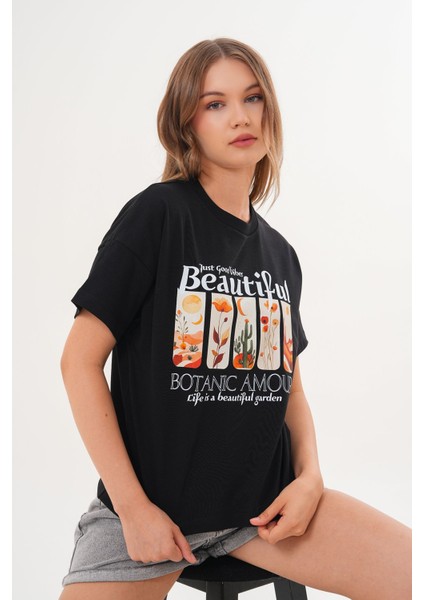 Kadın Siyah Oversize Tişört – Botanik Baskılı,beautiful / Botanic Amour Yazılı fırsatları