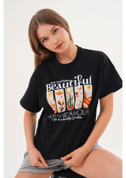 Kadın Siyah Oversize Tişört – Botanik Baskılı,beautiful / Botanic Amour Yazılı indirimleri