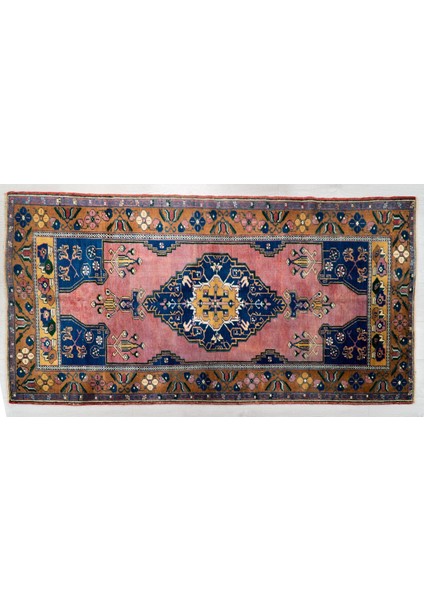 103X202 cm Pembe ve Lacivert Renkli Türk El Dokuma Yün Anadolu Kilim