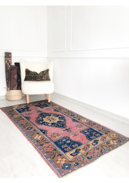 103X202 cm Pembe ve Lacivert Renkli Türk El Dokuma Yün Anadolu Kilim fiyatları