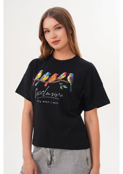 Kadın Siyah Exclusive Only What I Want Kuş Baskılı Oversize Tişört