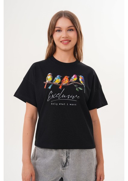 Kadın Siyah Exclusive Only What I Want Kuş Baskılı Oversize Tişört fiyatları