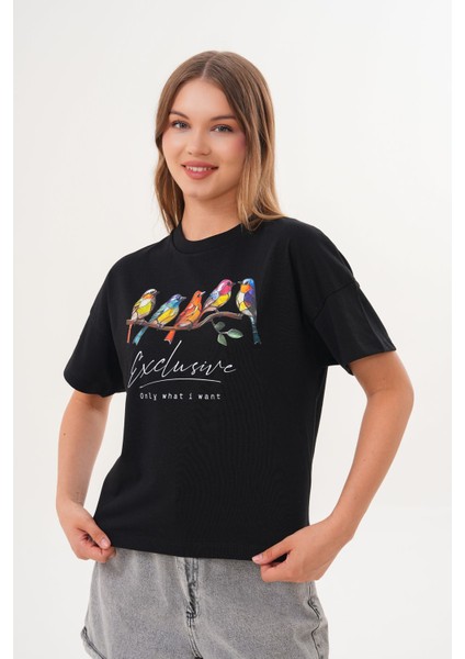 Kadın Siyah Exclusive Only What I Want Kuş Baskılı Oversize Tişört modelleri