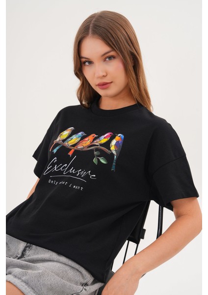 Kadın Siyah Exclusive Only What I Want Kuş Baskılı Oversize Tişört fırsatları