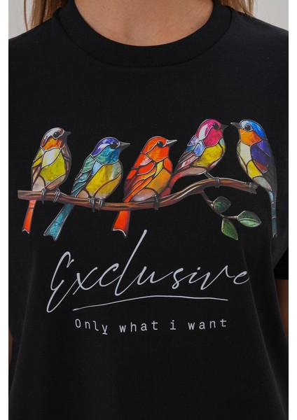 Kadın Siyah Exclusive Only What I Want Kuş Baskılı Oversize Tişört
