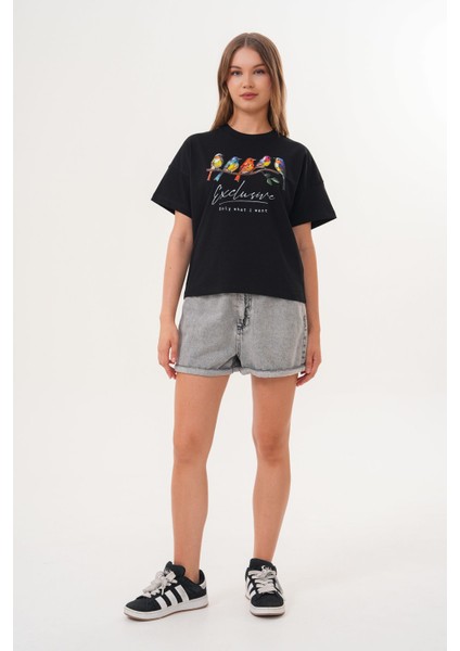 Kadın Siyah Exclusive Only What I Want Kuş Baskılı Oversize Tişört