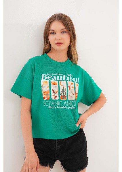 Kadın Yeşil Oversize Tişört – Botanik Baskılı,beautiful / Botanic Amour Yazılı