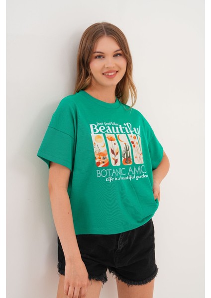 Kadın Yeşil Oversize Tişört – Botanik Baskılı,beautiful / Botanic Amour Yazılı fırsatları