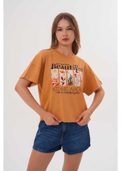 Kadın Taba Oversize Tişört – Botanik Baskılı,beautiful / Botanic Amour Yazılı fırsatları