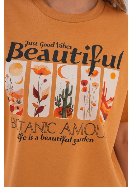 Kadın Taba Oversize Tişört – Botanik Baskılı,beautiful / Botanic Amour Yazılı indirimleri