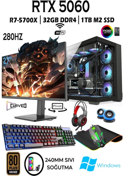 Tcx1 Ryzen 7 5700X 32GB 1tb M.2 SSD RTX5060 27" 280HZ Sıvı Soğutmalı Oyuncu Bilgisayarı Hazır Sistem