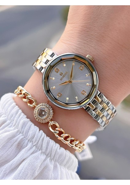 Çelik Kordon 2 Yıl Garantili 30 mt Suya Dayanıklı Kadın Kol Saati+Bileklik HM.B255005S.3