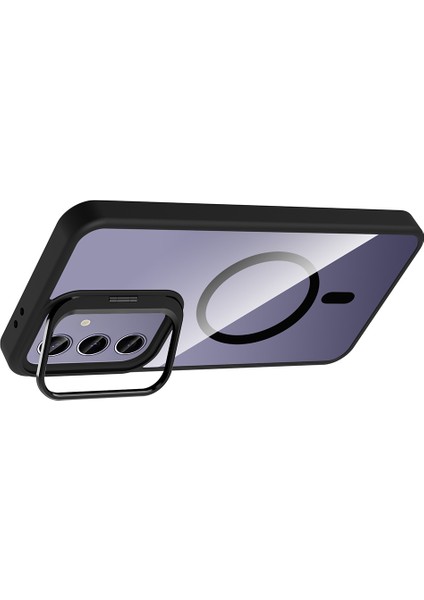 Galaxy S25 Plus Kılıf Standlı ve Kamera Lens Hediyeli M-Safe Şarj Özellikli Otnv Etro Kapak - Siyah