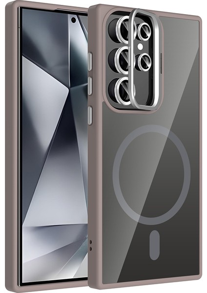 Galaxy S24 Ultra Kılıf Standlı ve Kamera Lens Hediyeli M-Safe Şarj Özellikli Alt Etro Kapak - Gri