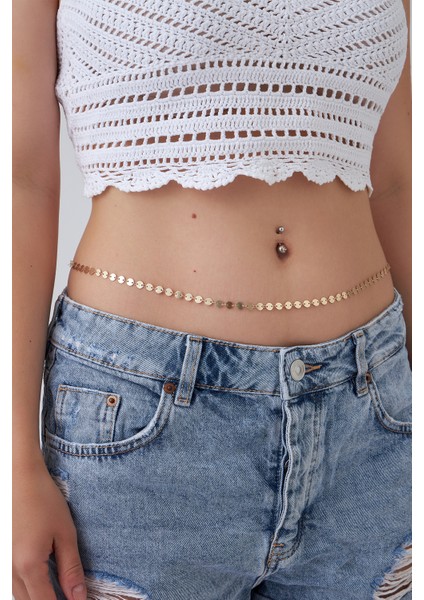 Pul Detaylı Altın Rengi Bel Zinciri (80 cm)