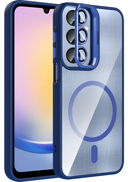 Galaxy A26 Kılıf Standlı ve Kamera Lens Hediyeli M-Safe Şarj Özellikli Alt Etro Kapak - Lacivert