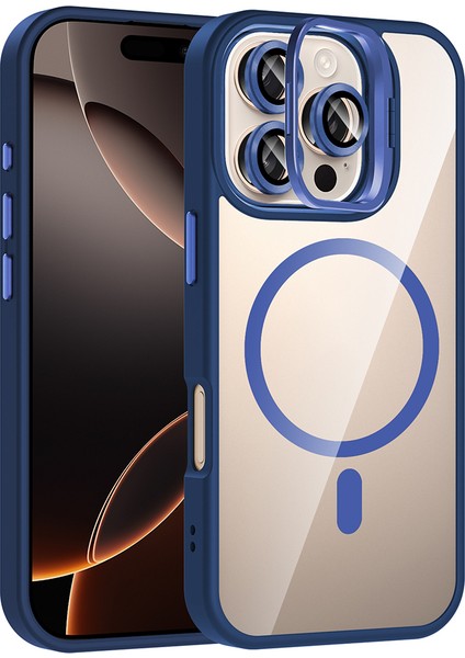 iPhone 16 Pro Kılıf Standlı ve Kamera Lens Hediyeli M-Safe Şarj Özellikli Otnv Etro Kapak - Lacivert