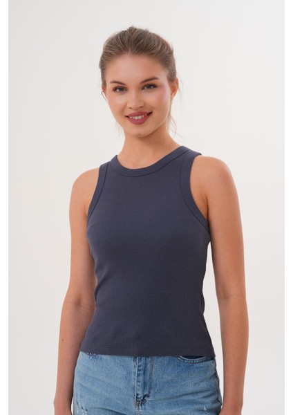 Pamuklu Kaşkorse Ribanalı Bisiklet Yaka Kadın Atlet - Füme