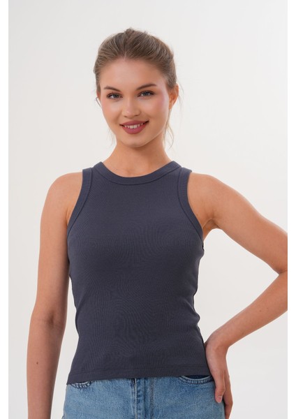 Pamuklu Kaşkorse Ribanalı Bisiklet Yaka Kadın Atlet - Füme fiyatları