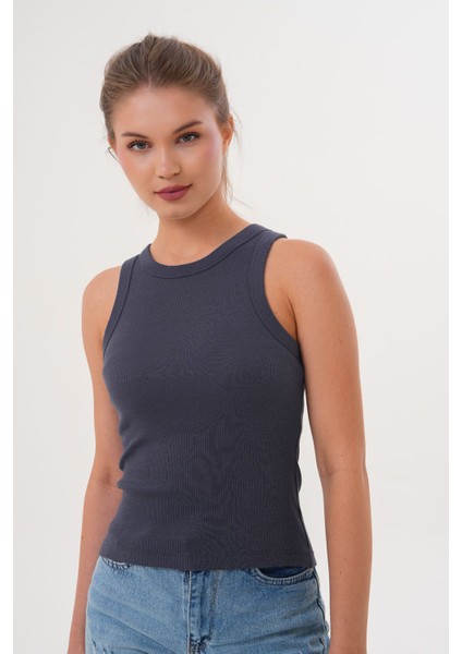 Pamuklu Kaşkorse Ribanalı Bisiklet Yaka Kadın Atlet - Füme modelleri