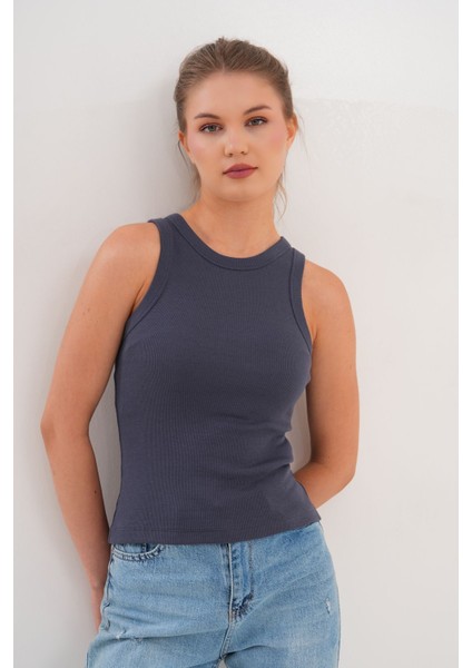 Pamuklu Kaşkorse Ribanalı Bisiklet Yaka Kadın Atlet - Füme fırsatları