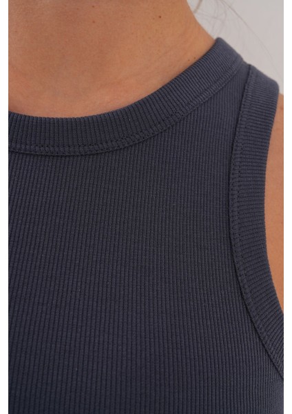 Pamuklu Kaşkorse Ribanalı Bisiklet Yaka Kadın Atlet - Füme