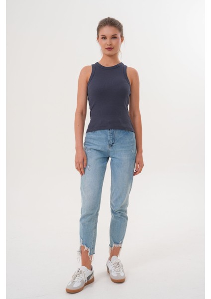 Pamuklu Kaşkorse Ribanalı Bisiklet Yaka Kadın Atlet - Füme