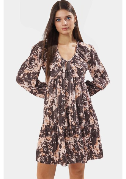 Yazlık Mini Elbise A Line Kalıp V Yaka Pilise Dokuma Örme Polyester Uzun Ömürlü