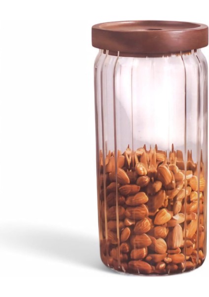 1000 ml Yuvarlak Akasya Kapaklı Cam Kavanoz BOR059