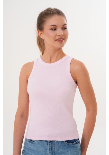 Pamuklu Kaşkorse Ribanalı Bisiklet Yaka Kadın Atlet - Pembe