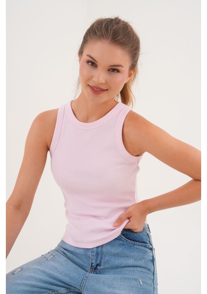 Pamuklu Kaşkorse Ribanalı Bisiklet Yaka Kadın Atlet - Pembe modelleri