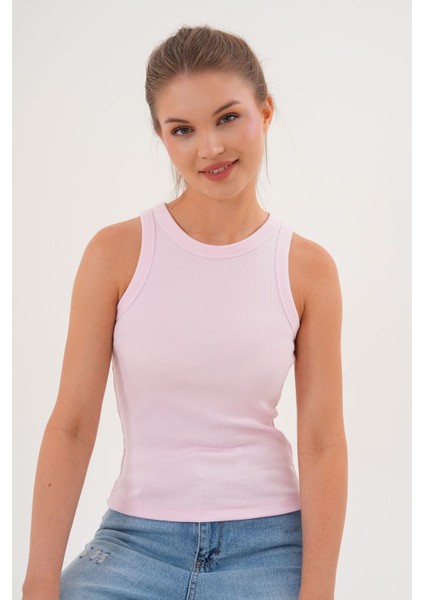 Pamuklu Kaşkorse Ribanalı Bisiklet Yaka Kadın Atlet - Pembe fırsatları