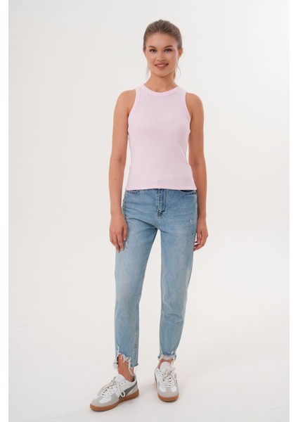 Pamuklu Kaşkorse Ribanalı Bisiklet Yaka Kadın Atlet - Pembe